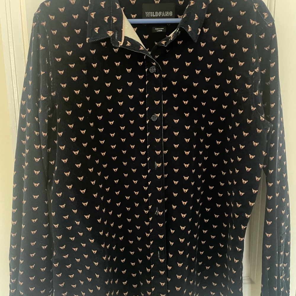 Wildfang Navy Button Up Shirt with Dog Pattern